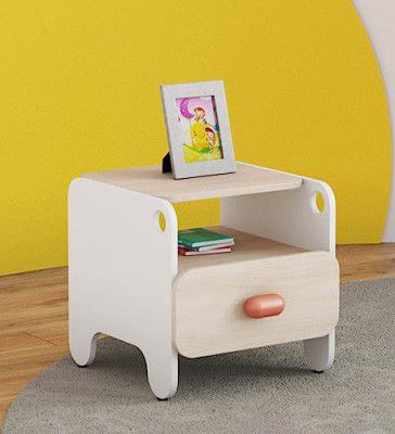 Smartsters Engineered Wood Bed Side Table with Drawer | Bedside Table | Closed and Opened Storage | Curved Corners | Pearly White | Boop | 18 x 19 x 18 inches