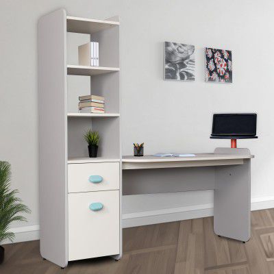 Smartsters Study Table with Storage, Engineered Wood Laptop Table with Drawer, Cabinet and Shelves, Extra Circular Tabletop for Devices, Skyline, White, 68X74X24 inches (Without Chair)