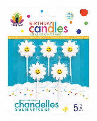 Smiley Flower Birthday Candles for Cake Decoration, Pack of 5, Flower Shape Decorative Cake Candles, Natural Wax Party Candles for Birthday, Anniversary, Baby Shower & Celebration (White)