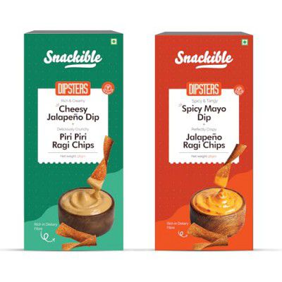Snackible Dipsters Chips & Dip - Assorted | 50 g (Pack of 12) | Cheesy Jalapeno Dip, Spicy Mayo Dip | No Palm Oil | No Refined Sugar | Healthy Chips and Biscuit Sticks