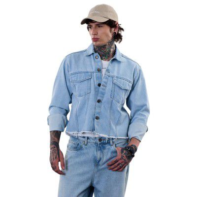 SNITCH Revolution Light Blue Cropped Printed Denim Jacket