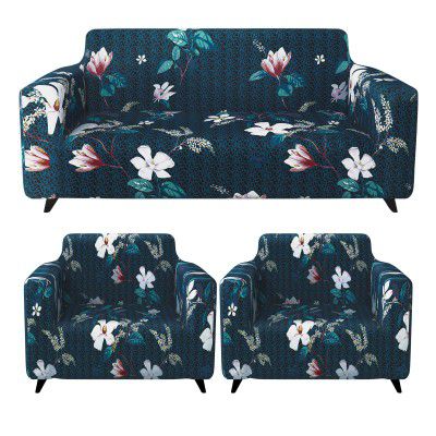 Sofa Cover 5 Seater Fully Covered, Stretchable Elastic Polyester Spandex, Navy Blue Floral 3+1+1 Sofa Cover | Antislip Cover Sofa Set 5 Seater, Stylish for Aesthetic Home Furnishing
