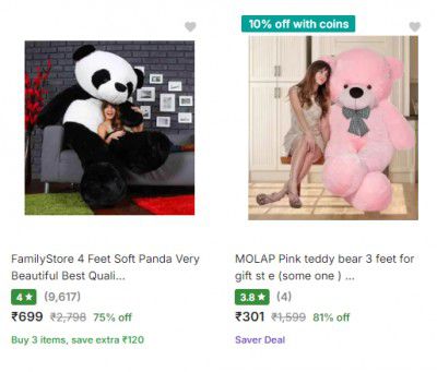 Soft Toys upto 86% off + Buy 2 Get Rs. 60 off, Buy 3 Get Rs. 120 off