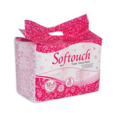 Softouch 3 Ply Toilet Paper tissue roll 12-in-1 (12 Rolls)