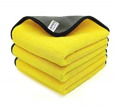SOFTSPUN Microfiber Double Layered Cloth 800 GSM, 30X40 Cms 3 Piece Towel Set Yellow+Grey! Extra Thick Microfiber Cleaning Cloths Perfect for Bike Auto Cars Both Interior and Exterior.