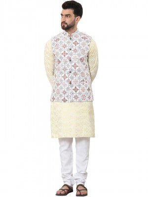 SOJANYA Men's Cotton foil Printed Kurta and White Pyjama with Printed Nehru Jacket
