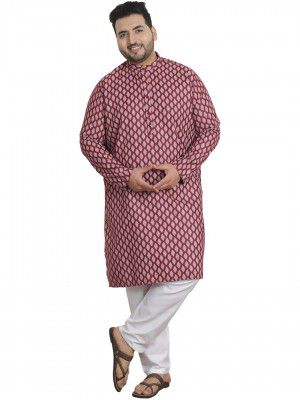 SOJANYA Plus (Since 1958) Men's Cotton Blend Printed Kurta with White Churidar Pyjama