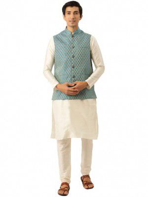 SOJANYA (Since 1958 Men's Silk Blend Off White Kurta Pyjama & Maroon Self Design Nehru Jacket Combo