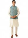 SOJANYA (Since 1958 Men's Silk Blend Off White Kurta Pyjama & Maroon Self Design Nehru Jacket Combo...
