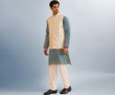 SOJANYA (Since 1958 Men's Silk Blend Peacock Blue Kurta With Pyjamas & Cream Nehru Jacket...