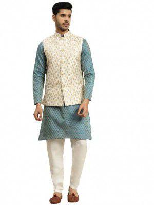 SOJANYA (Since 1958 Men's Silk Blend Peacock blue Self design Kurta & Cream embroidery Nehru Jacket With Off-White Churidar Pyjama