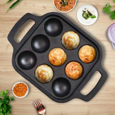 SOLARA Pre Seasoned Cast Iron Paniyaram Pan 9 Cavities 8 Inch, 20 cm Appam Patra, Paniyarakkal Pan