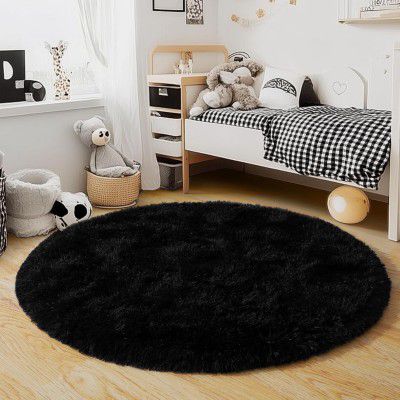 Solid Color Area Rug – Soft Plush Carpet - (Black, Round, 3x3 feet)
