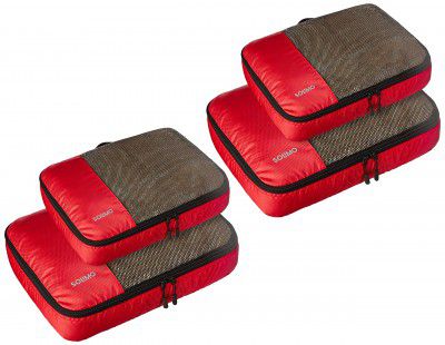 Amazon Brand - Solimo 4 Piece Packing Travel Organizer Cubes Set - 2 Medium and 2 Large, Red