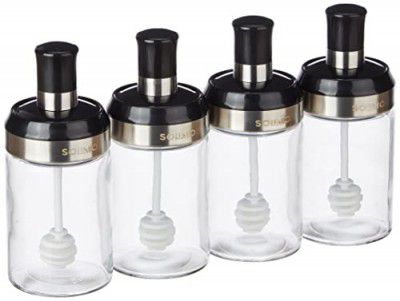 Solimo Borosilicate Glass Sauce Jar with Dipper, Set of 4 (250 ml Each)