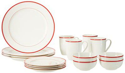 Solimo Ceramic 16 Piece Dinner Set | 4 Dinner Plates, 4 Quarter Plates, 4 Mugs & 4 Small Bowls | Red Strip Design