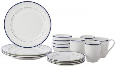 Solimo Ceramic 16 Piece Dinner Set | 4 Dinner Plates, 4 Quarter Plates, 4 Mugs & 4 Small Bowls | Blue Strip Design