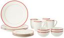 Solimo Ceramic 16 Piece Dinner Set | 4 Dinner Plates, 4 Quarter Plates, 4 Mugs & 4 Small Bowls | Red Strip Design...