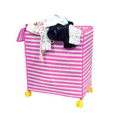 Amazon Brand - Solimo Collapsible Laundry Basket with Wheels, Printed, Pink