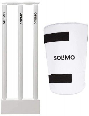 Solimo Cricket Thigh Guard and Amazon Brand - Solimo Cricket Wooden Stumps Combo