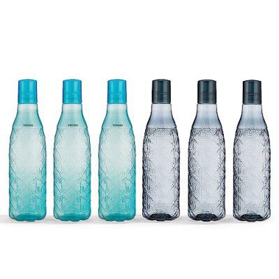 Amazon Brand - Solimo Diamond Water Bottles, Spill-Proof, 3.2 Cm Neck, Firm Grip (Set of 6, 1 L Each, 3 Smoke and 3 Sea Green)
