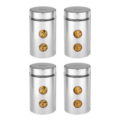 Solimo Drip Window Steel Jacketed Glass Jar | 1200 Ml Set Of 4 - Silver
