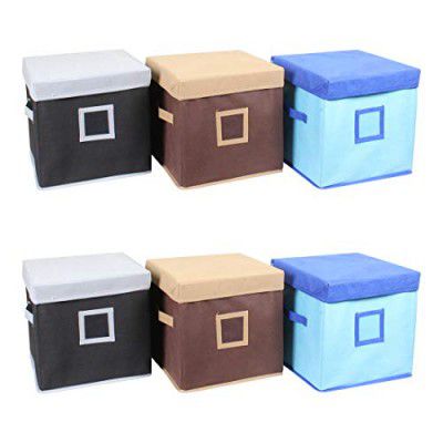 Solimo Fabric Storage Box with Lid, Large, Set of 6, Multicolor