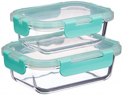 Solimo Glass Storage Containers with Break-Free, Detachable Locks, Airtight, Leakproof, Microwave-Safe, Oven-Safe, Freezer-Safe, Set of 2, Rectangle (370 + 600 ml) | Transparent