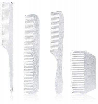 Amazon Brand - Solimo Handmade Aluminium Set of 4 Combs- 1 Fine-Tooth, 1 Long-Handle Fine-Tooth, 1 Rat-Tail, 1 U-Shaped Comb