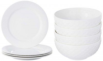 Solimo Handmade Ceramic Dinner Plate Set, 4 Pieces Handmade Ceramic Serving Bowl Set, 4 Pieces