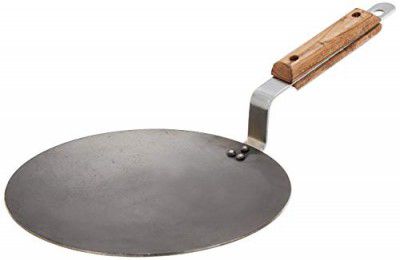 Solimo Iron Concave Tawa 25 cm, Tava for Roti/Chappati/Naan with Strong Wooden Handle Black 100% Toxin-Free