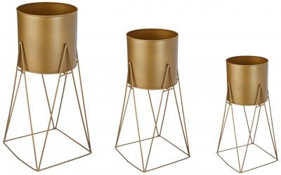 Solimo Metal Planters Pot Holder (Square Base) with Metal Plant Stand (Gold, Set of 3) | Tall Indoor Plant Stand with Planter Pot, Suited for Indoor/Outdoor