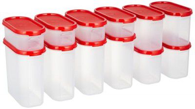 Solimo Modular Plastic Storage Containers with Lid (525 ml + 1200 ml + 1800 ml) | (Set of 12) (Light Red)