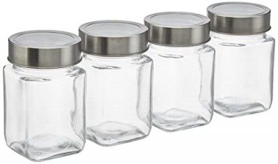 Amazon Brand - Solimo Multipurpose Glass Jars with See-Through Lids, Set of 4, Square (310 ml Each)