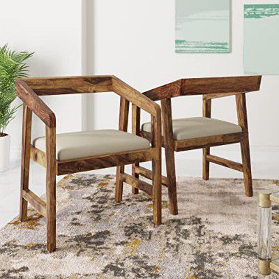 Amazon Brand - Solimo Panoply Seating Chair with Cushion (Solid Sheesham Wood, Natural Finish, 2 Pieces)