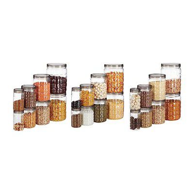 Solimo Plastic Checkered Jar Container Set of 24, 2000Ml, 1000Ml, 500Ml, 250Ml, Transparent, Black