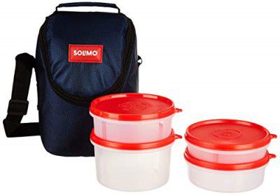 Solimo Plastic Lunch Box with Bag, Set of 4 (Red Lids and Blue Bag)