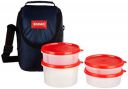 Solimo Plastic Lunch Box with Bag, Set of 4 (Red Lids and Blue Bag)...