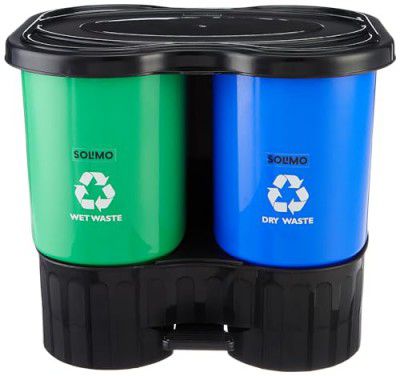 Solimo Plastic Oval Step-On Pedal 2-In-1 Dual Dustbin With Lid-15.4 Liters|Green&Blue