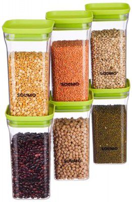 Solimo Plastic Storage Jar and Container Set I Air Tight 1100 Ml Each, Set, 6, Green