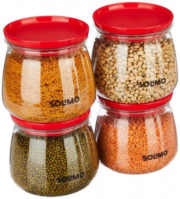 Solimo Plastic Storage Jar and Container Set, 800 Ml Each, Set 4, Red