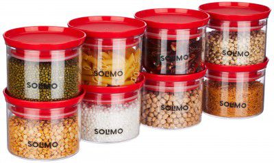Solimo Plastic Storage Jar and Container Set I Air Tight & BPA Free Containers for Kitchen Storage Set I Grocery Kitchen Container Set I Multipurpose Jar, 500 Ml Each, Set 8, Red