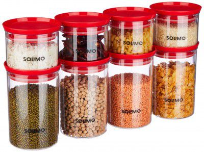 Solimo Plastic Storage Jar and Container Set Set 8 (500 ML - 4 Pieces & 900 ML - 4 Pieces), Red