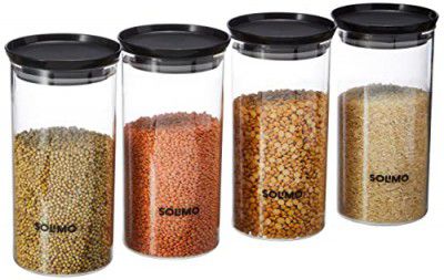 Solimo Plastic Storage Jar and Container Set, 1400 Ml Each, Set 4, Black