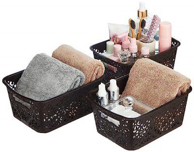 Solimo Royal Multipurpose Storage Basket - Small (Set Of 3, Brown), Fabric, Rectangular