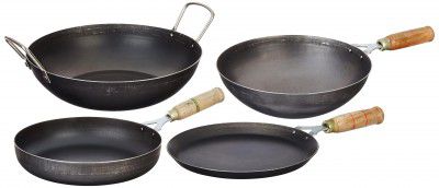 Amazon Brand - Solimo Sheet Metal Iron Cookware Set of 4 Pcs (Kadai 24 cm, Tawa 23 cm, Wok 24 cm, Frying Pan 24 cm)