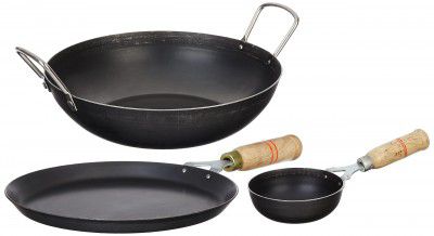 Solimo Sheet Metal Iron Cookware Set of 3 Pcs (Kadai 24 cm, Tadka Pan 13 cm, Tawa 23 cm