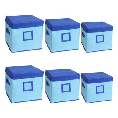 Solimo Square Fabric Storage Box with Lid Set, (Medical Blue and Royal Blue, Standard, 6 Piece)