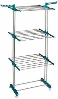 Amazon Brand - Solimo Stainless Steel & Plastic 3 Level Cloth Drying Stand with Wheels, Multicolour