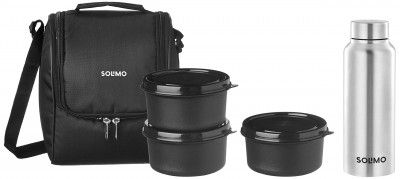 Solimo Stainless Steel Lunch Box (Microwave Safe and Leak Proof) with Bottle & Carry Bag Set of 4, Black